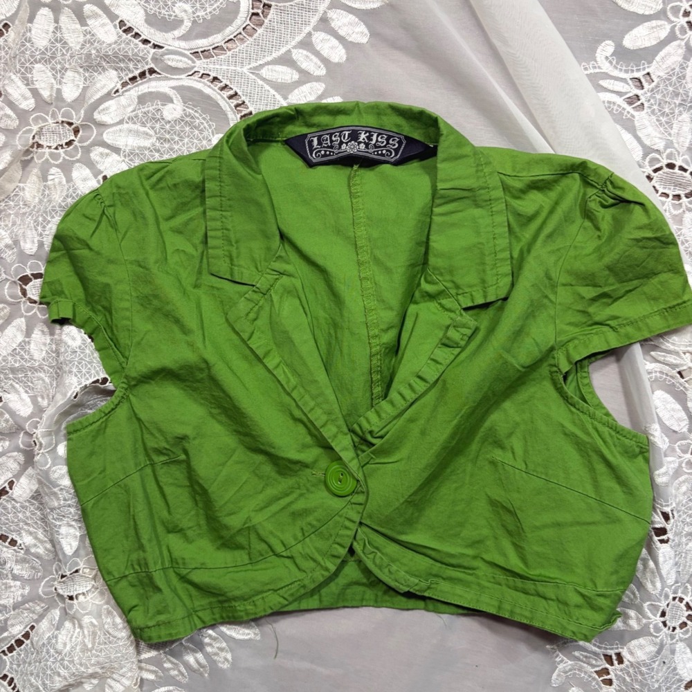Y2K Bolero Last Kiss Green Cropped Short Sleeve Blazer Cotton Button XL